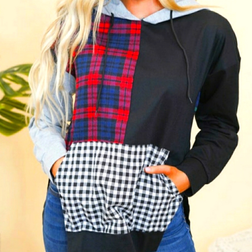 Solid Long Sleeve Hoodie with Plaid Color Block Detail.